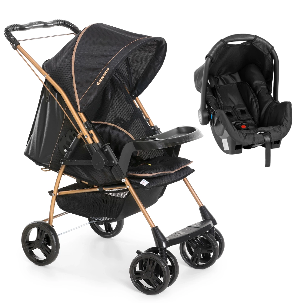 Carrinho de Bebê Milano Reversível III Travel System Golden + Bebê Conforto Grid Black – Galzerano