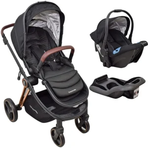 Carrinho TS Polux Preto Gold + Bebê Conforto + Base – Premium Baby