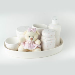 Kit Higiene Bebê Cerâmica Poá Rosa e Ursinho 7 Peças