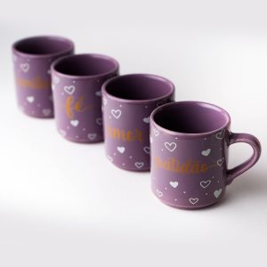 Jogo 4 Mini Canecas Roxo Lilás Fé Amor Família Gratidão 90ml